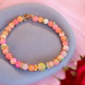 Pink & Green Jade Statement Bracelet • Gold Accent Beads • Handmade Wire